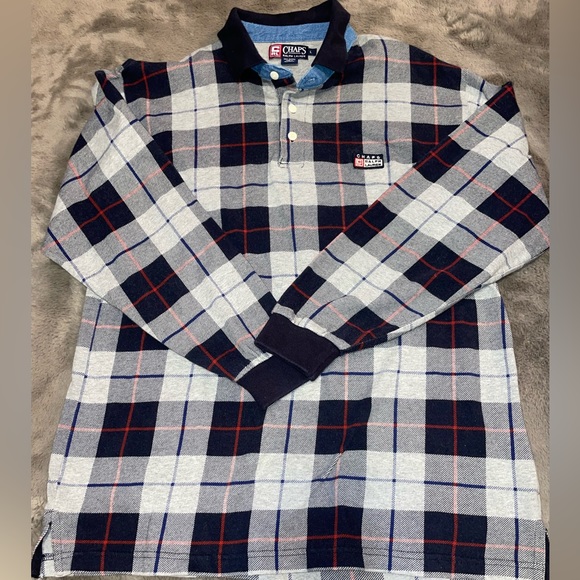 Chaps Ralph Lauren long sleeve checkered polo size L, blue/gray/red - Picture 4 of 9